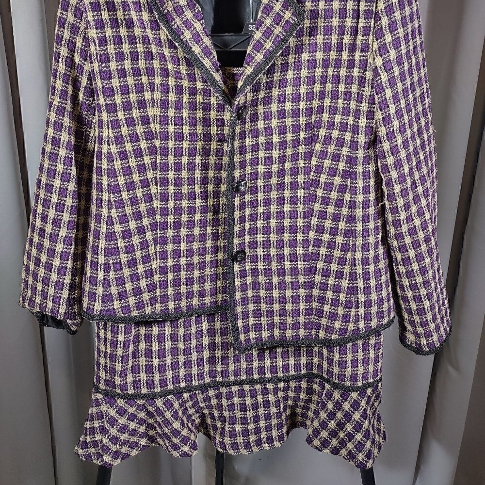 Vintage Y2K JSC Womens 2pc Skirt Suit Sz 12 Purple Cream Boucle 3 Button Lined - Picture 6 of 13